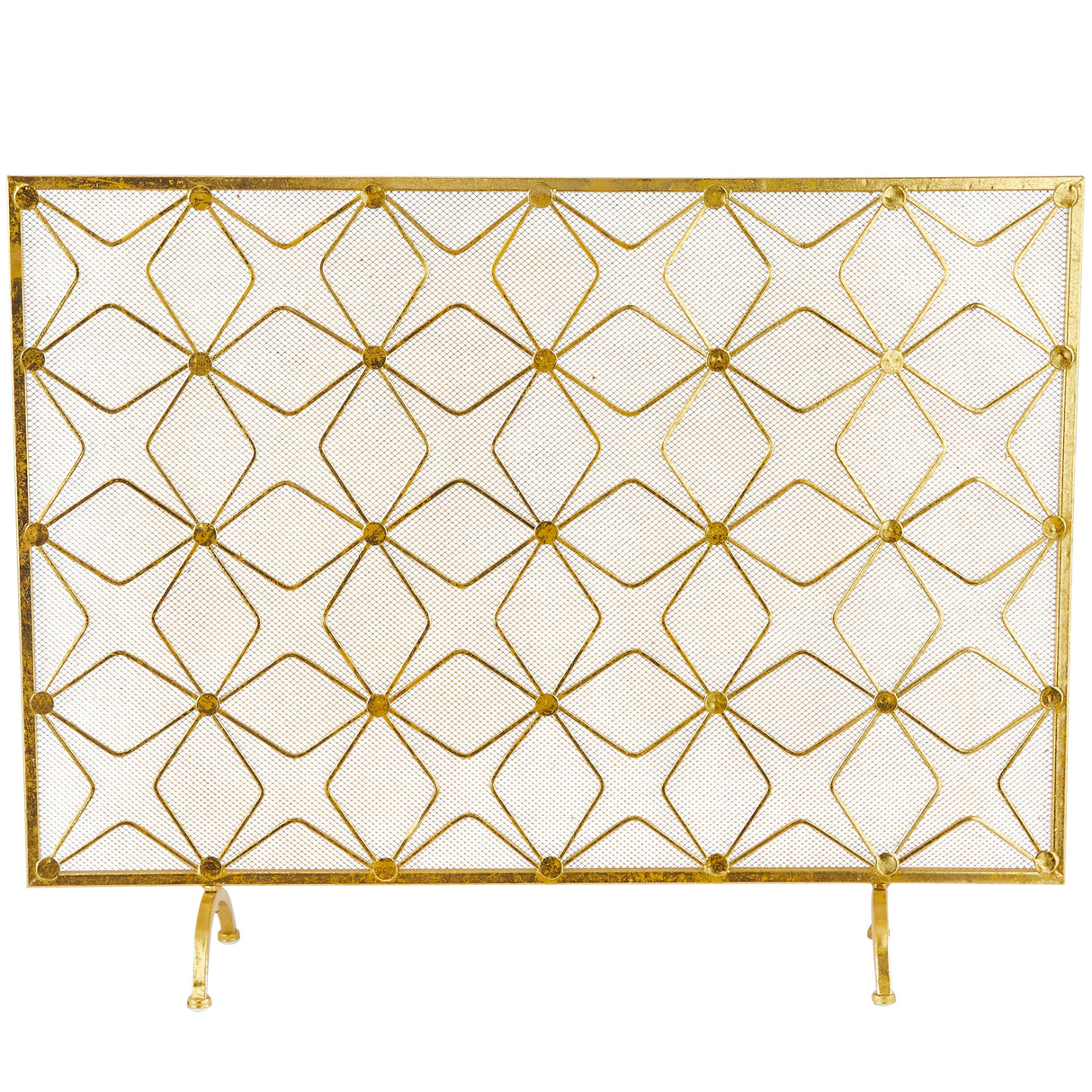 Metal Geometric Star Patterned Single Panel Fireplace Screen with Mesh Netting - Gold - Roche River Décor. - 9"Wx38"Lx28"H