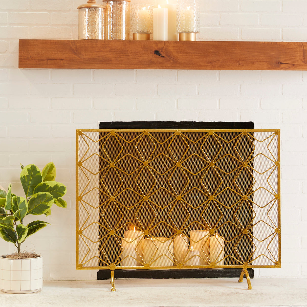 Metal Geometric Star Patterned Single Panel Fireplace Screen with Mesh Netting - Gold - Roche River Décor. - 9"Wx38"Lx28"H