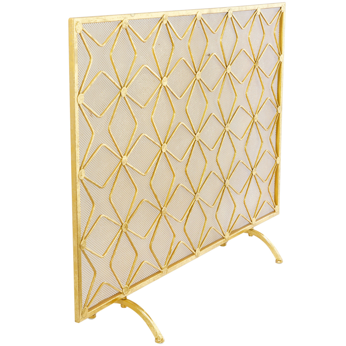 Metal Geometric Star Patterned Single Panel Fireplace Screen with Mesh Netting - Gold - Roche River Décor. - 9"Wx38"Lx28"H