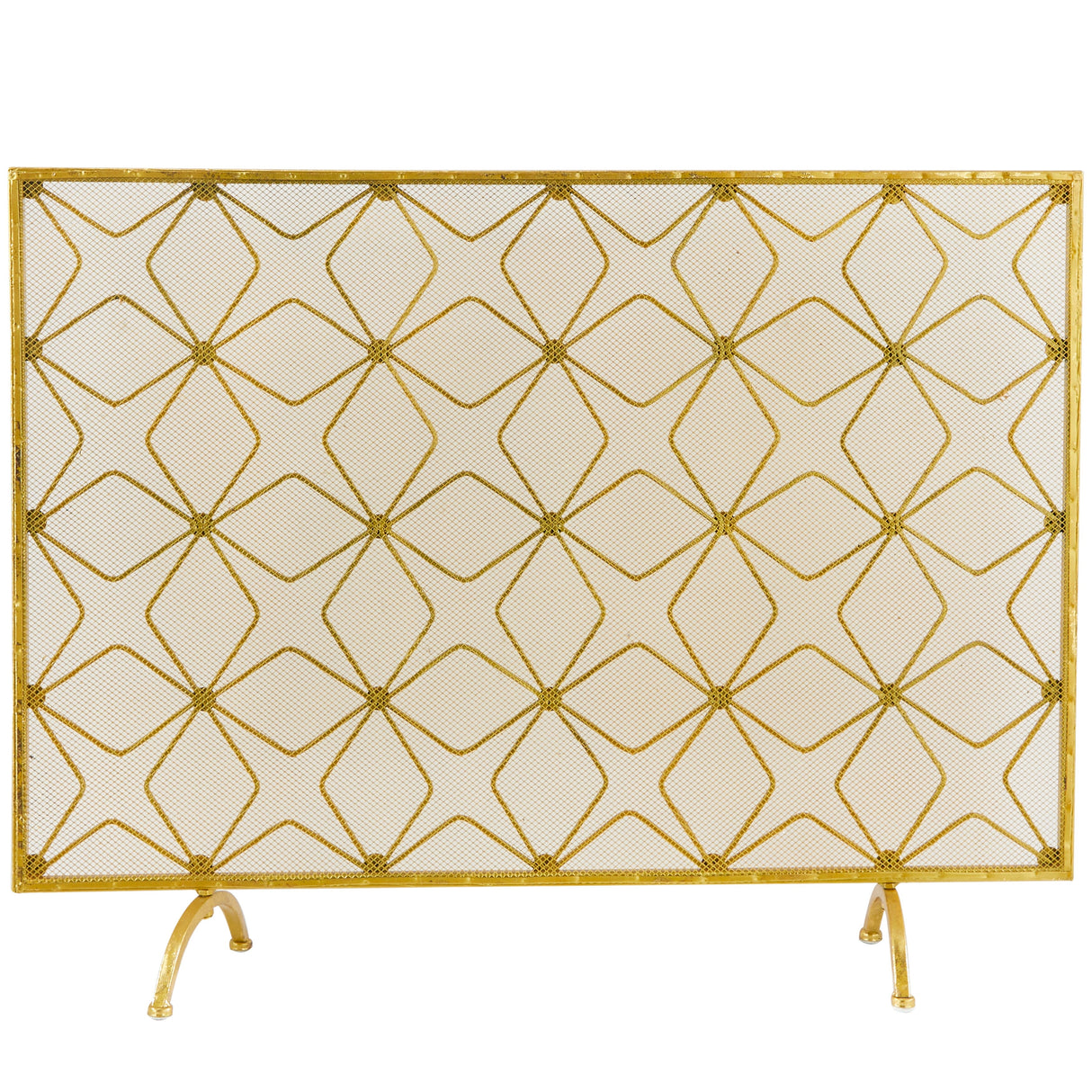 Metal Geometric Star Patterned Single Panel Fireplace Screen with Mesh Netting - Gold - Roche River Décor. - 9"Wx38"Lx28"H