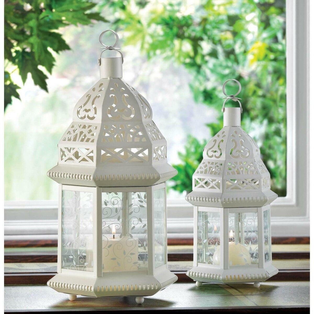 Metal Glass Large White Moroccan Lantern