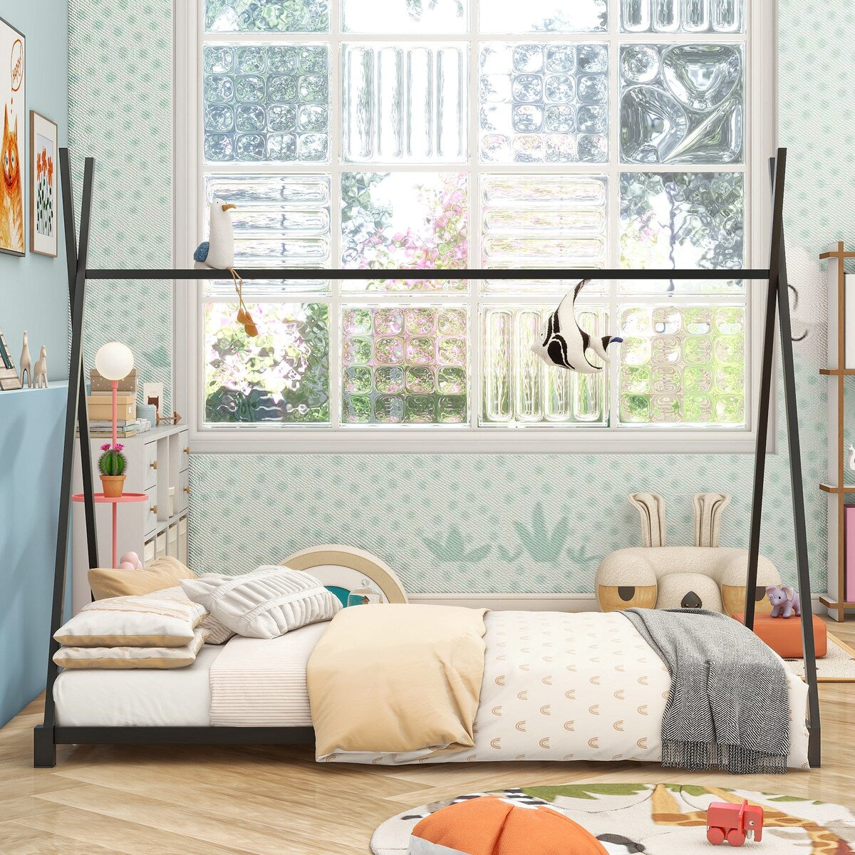 Metal House Platform Bed with Triangle Structure