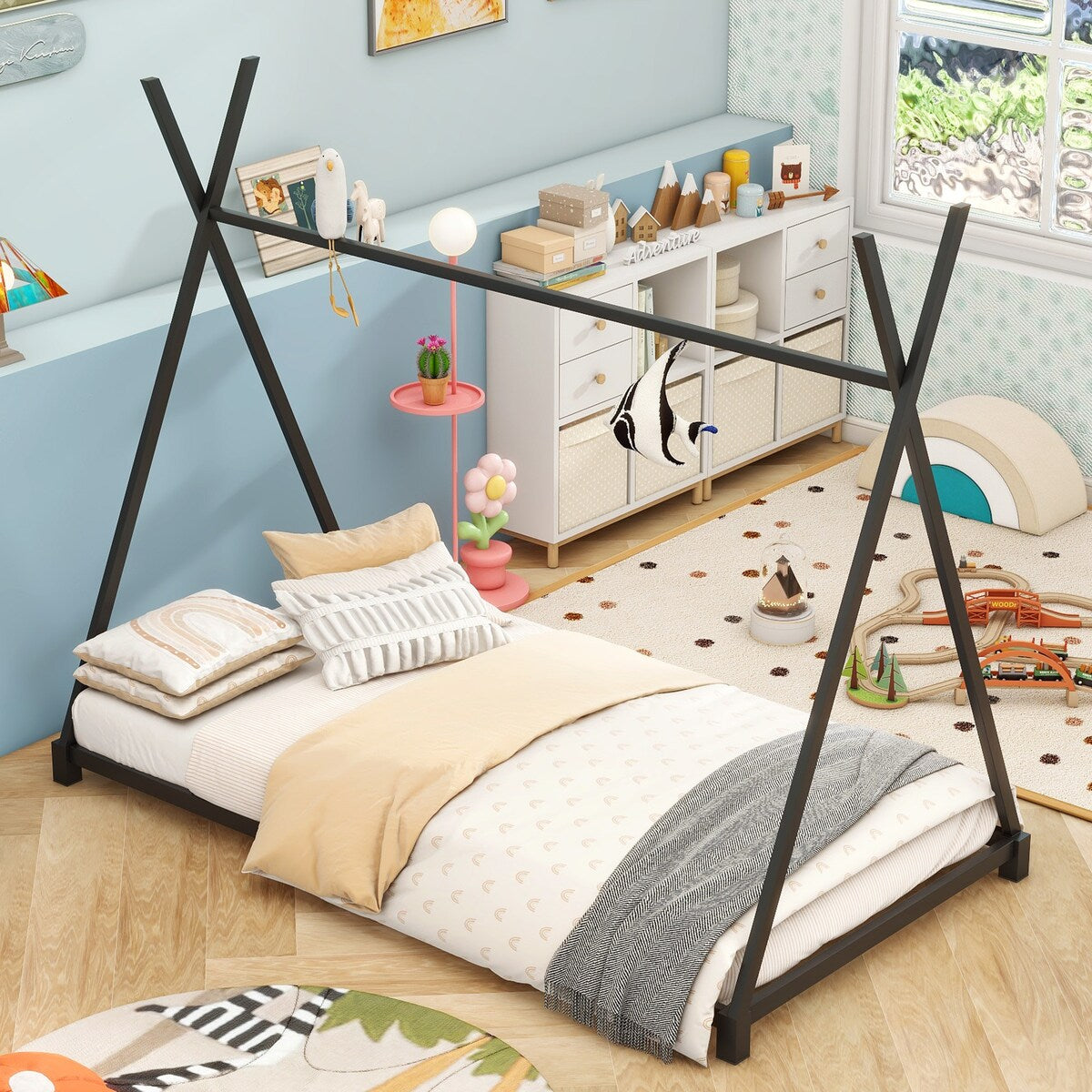 Metal House Platform Bed with Triangle Structure
