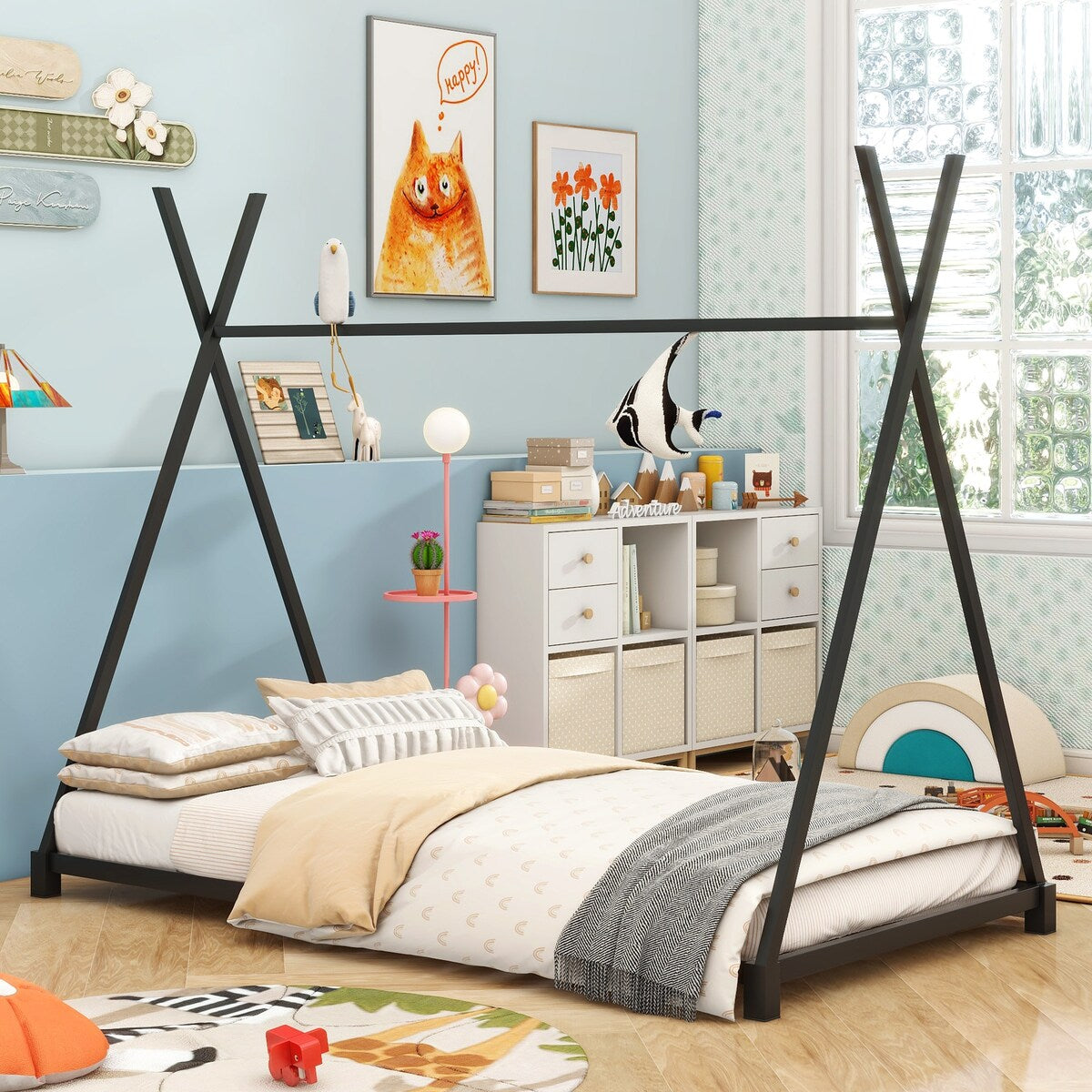 Metal House Platform Bed with Triangle Structure