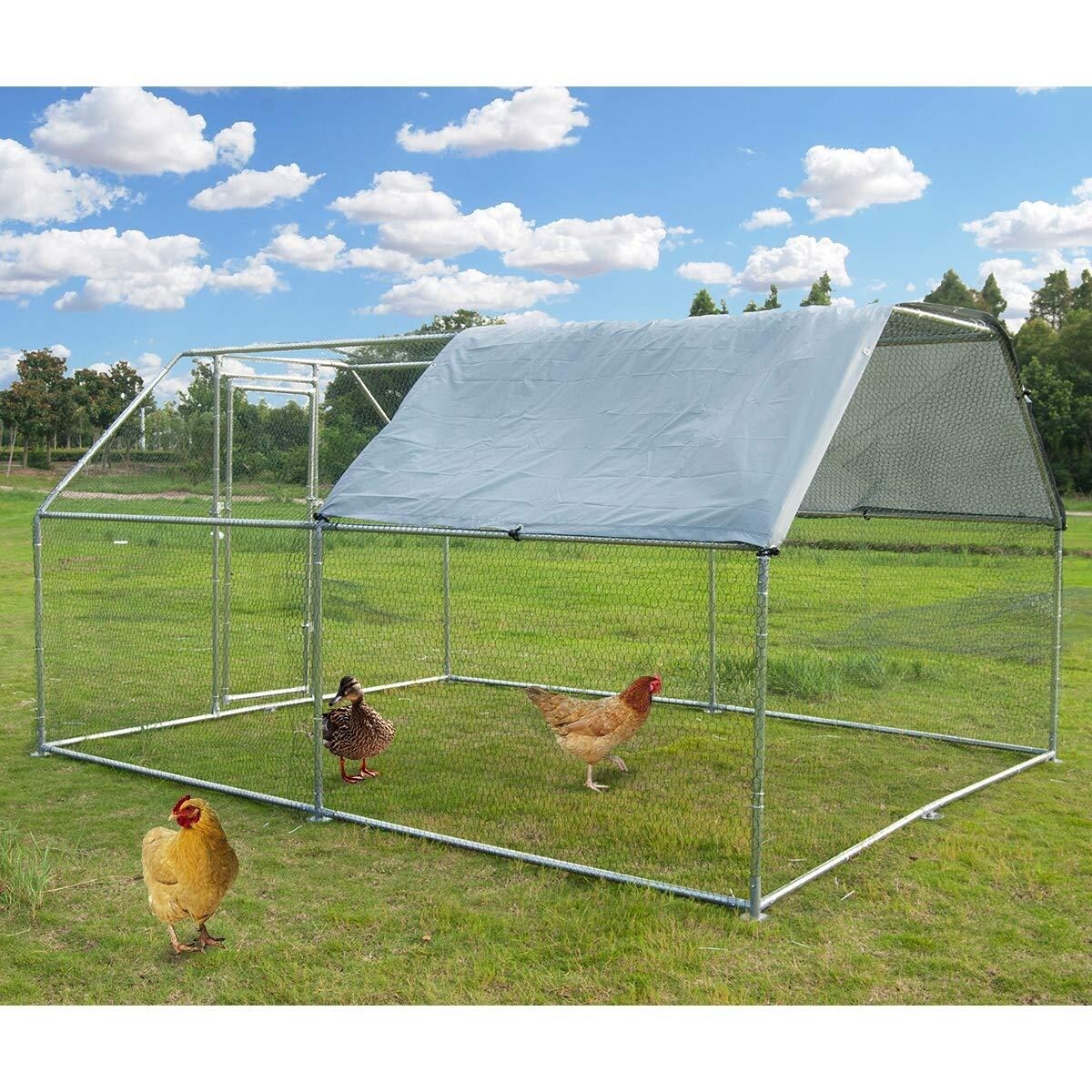 Metal Large Chicken Coop Walk-in Poultry Cage Large Chicken Run Flat Shaped Cage with Waterproof Anti-Ultraviolet Cover