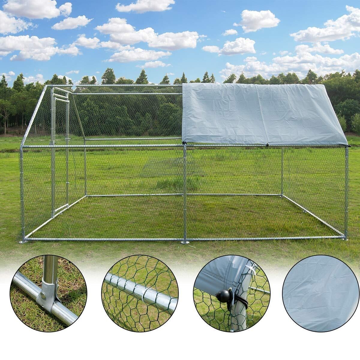 Metal Large Chicken Coop Walk-in Poultry Cage Large Chicken Run Flat Shaped Cage with Waterproof Anti-Ultraviolet Cover