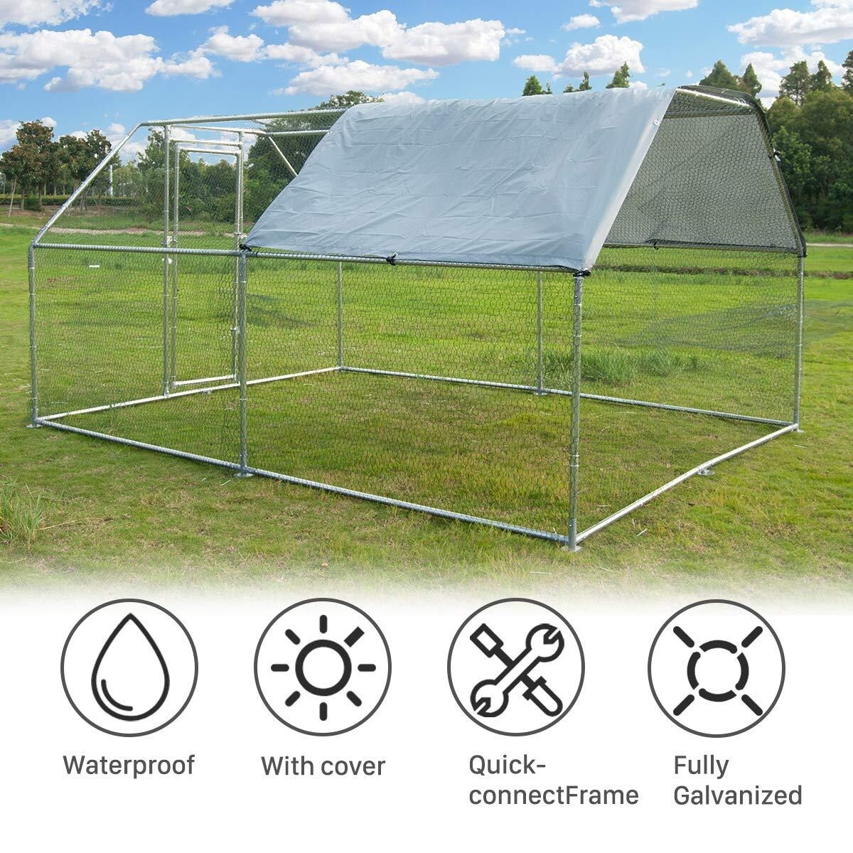 Metal Large Chicken Coop Walk-in Poultry Cage Large Chicken Run Flat Shaped Cage with Waterproof Anti-Ultraviolet Cover