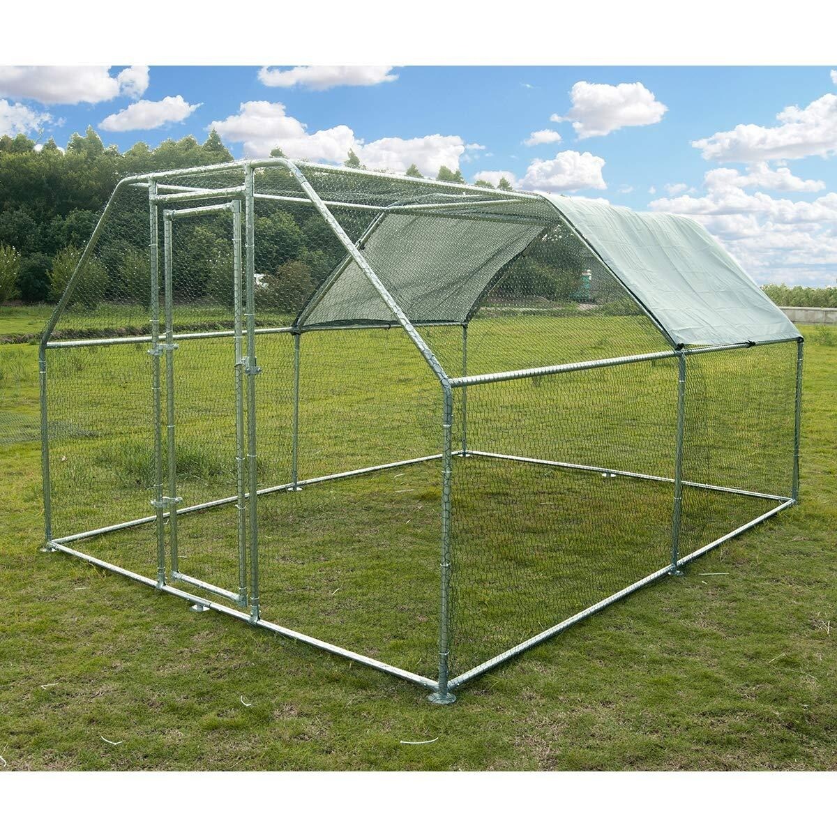 Metal Large Chicken Coop Walk-in Poultry Cage Large Chicken Run Flat Shaped Cage with Waterproof Anti-Ultraviolet Cover