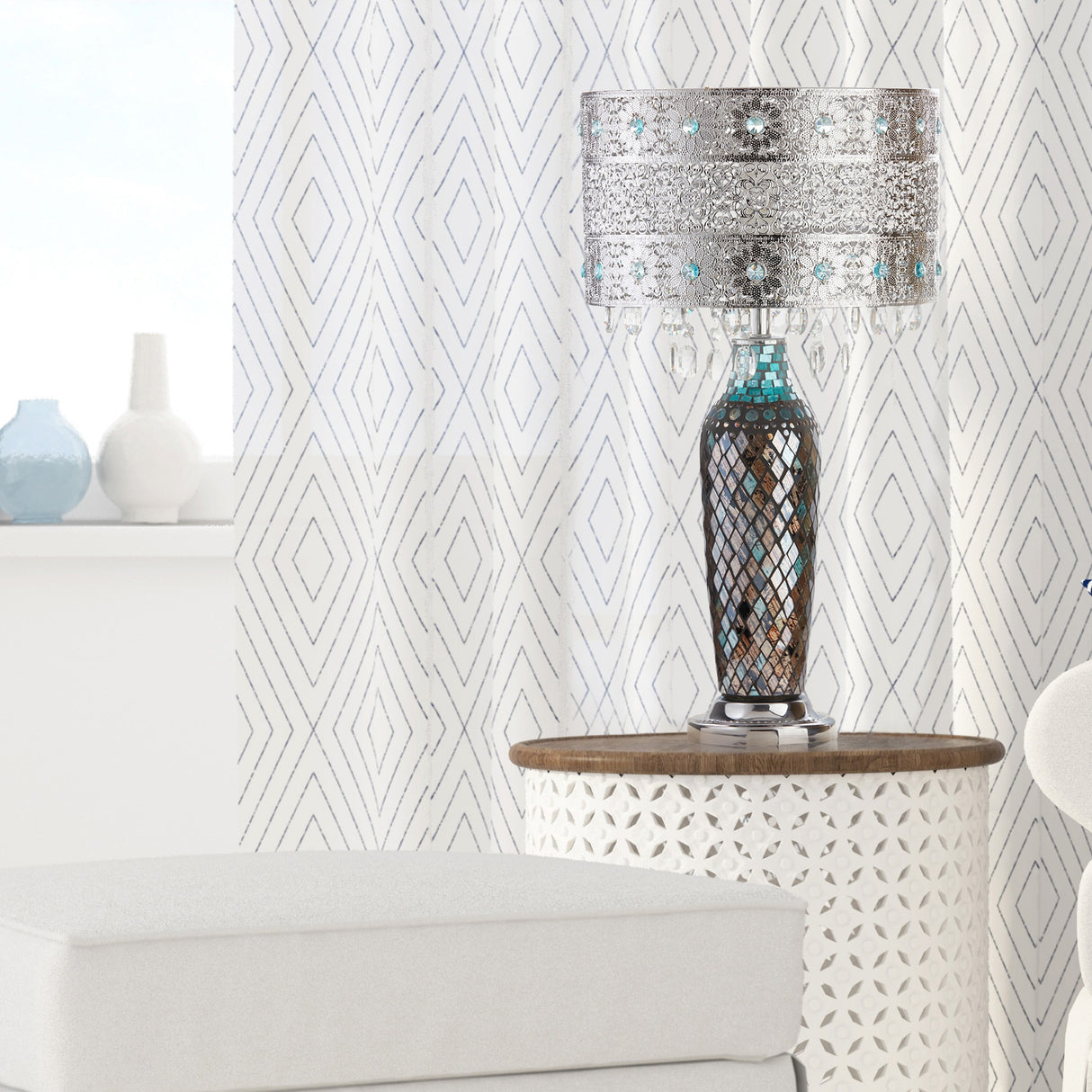 Metal Mosaic Hanging Glass Crystal Table Lamp - 13"L x 13"W x 24.25"H