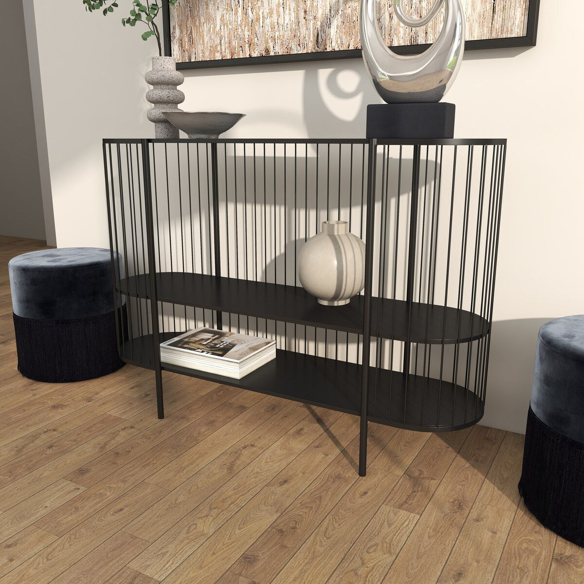 Metal Narrow Oval 2 Shelf Console Table with Open Wire Frame - Black - Roche River Decor