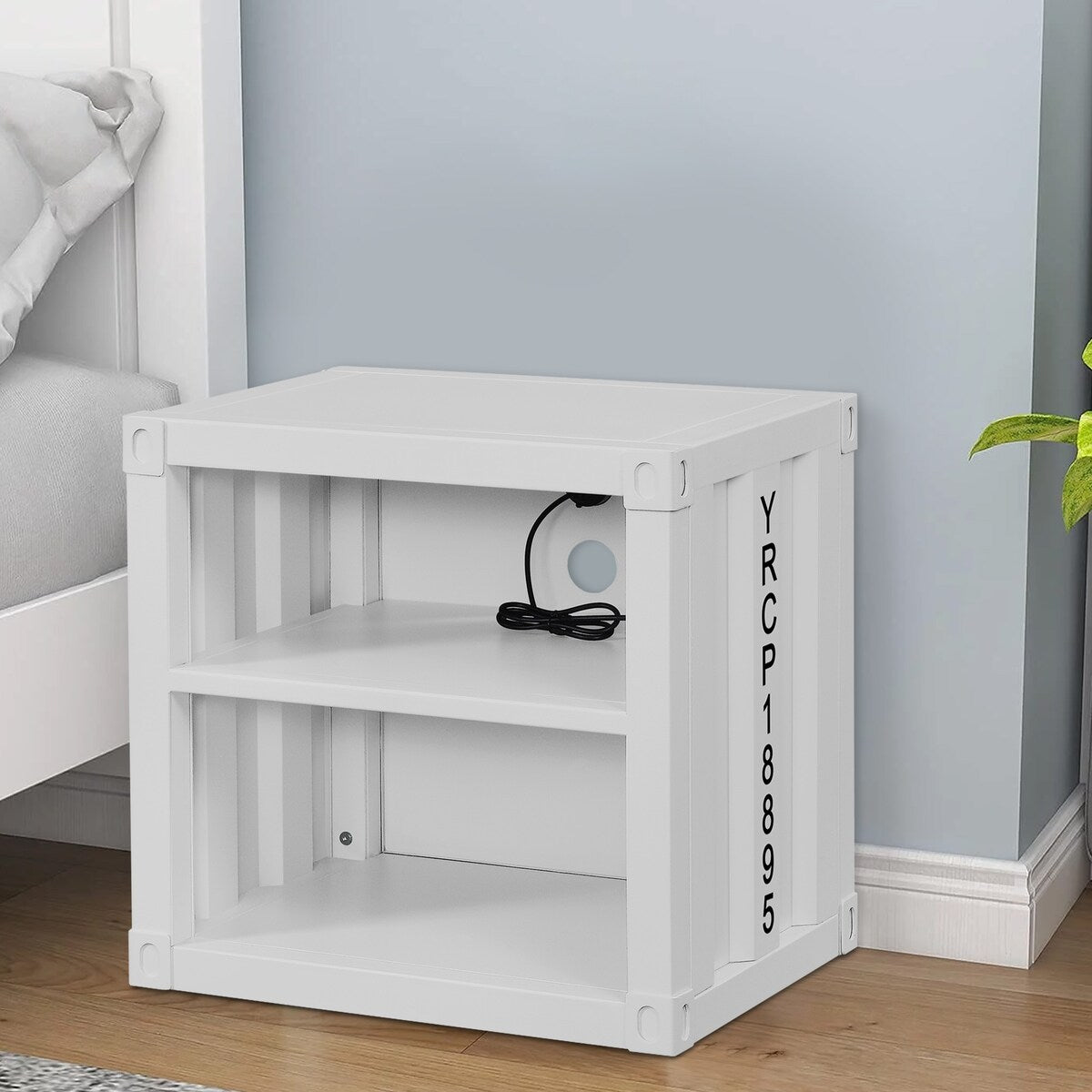 Metal Nightstand with 2 Open Compartment and USB Port, White