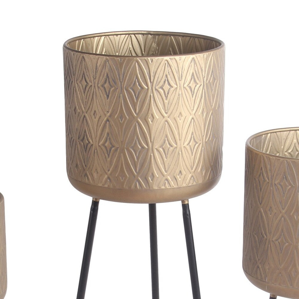 Metal Planter with Tripod Base and Embossed Geometric Pattern,Set of 3,Gold