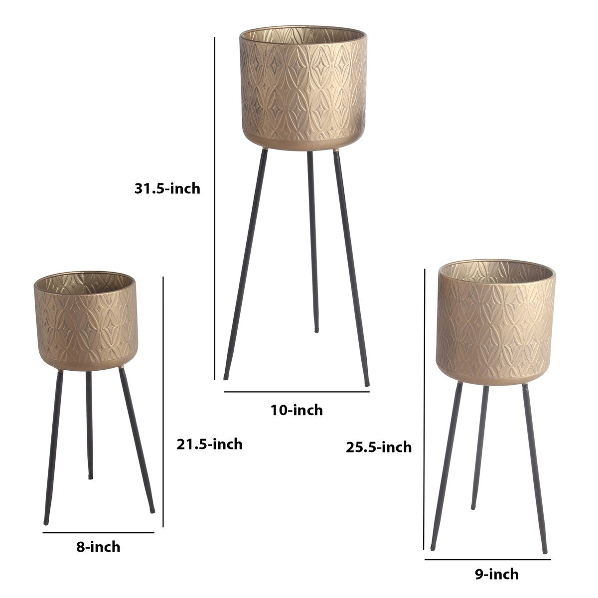 Metal Planter with Tripod Base and Embossed Geometric Pattern,Set of 3,Gold