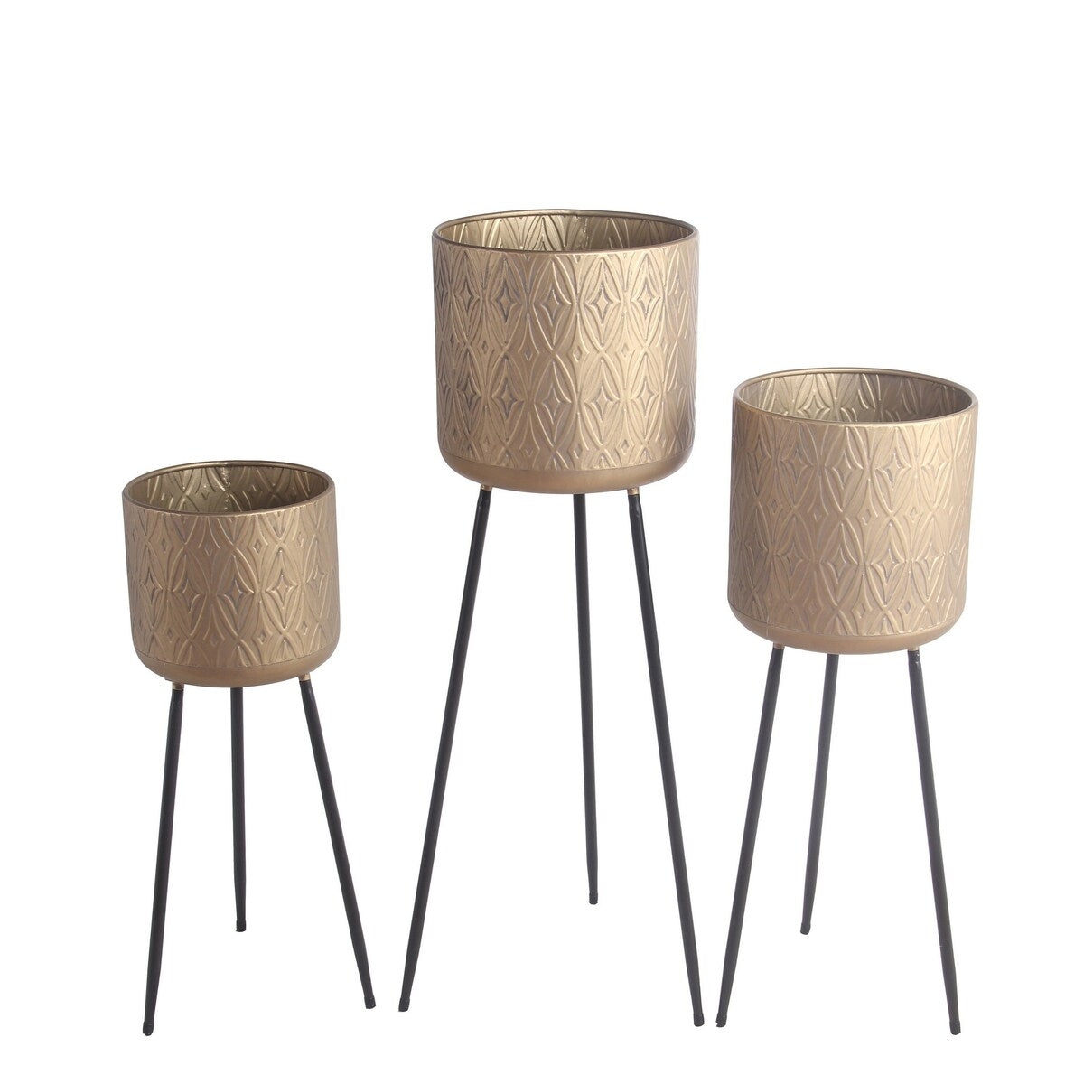 Metal Planter with Tripod Base and Embossed Geometric Pattern,Set of 3,Gold