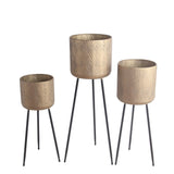 Metal Planter with Tripod Base and Embossed Geometric Pattern,Set of 3,Gold