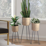 Metal Planter with Tripod Base and Embossed Geometric Pattern,Set of 3,Gold