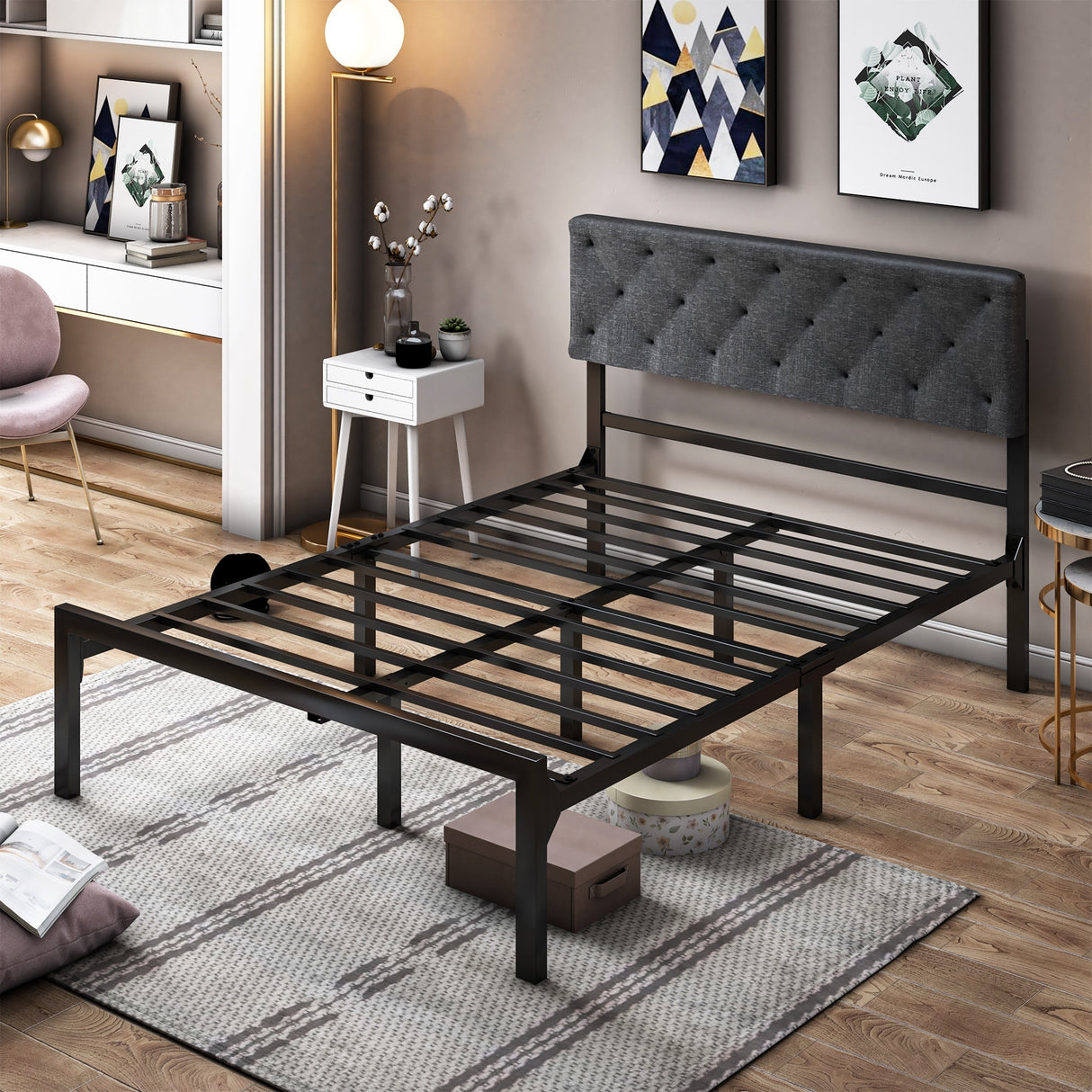 Metal Platform Bed Frame with Diamond Stitched Square Headboard