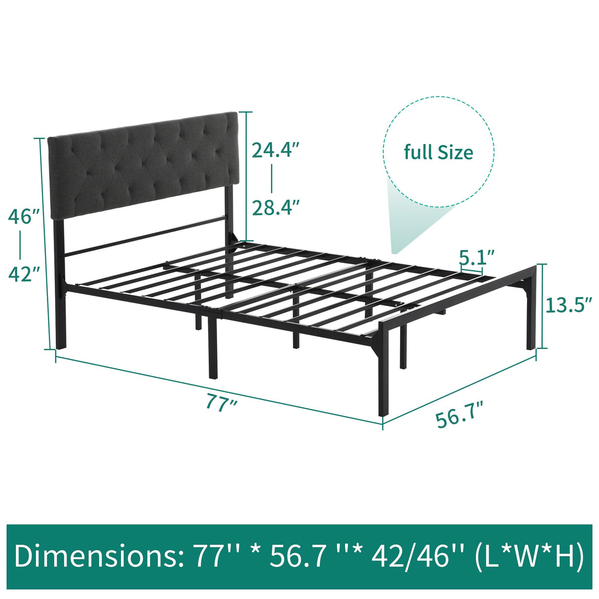 Metal Platform Bed Frame with Diamond Stitched Square Headboard