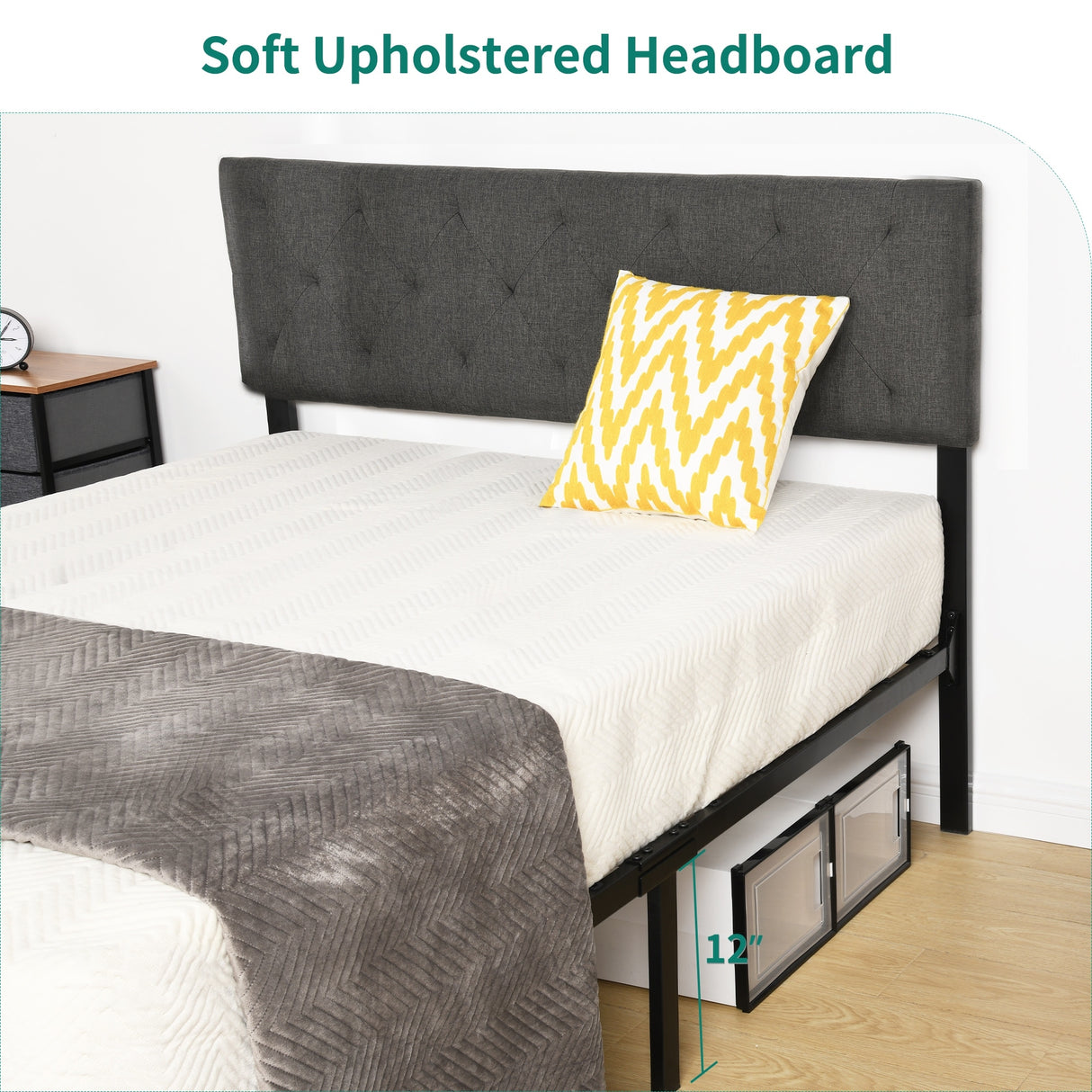 Metal Platform Bed Frame with Diamond Stitched Square Headboard