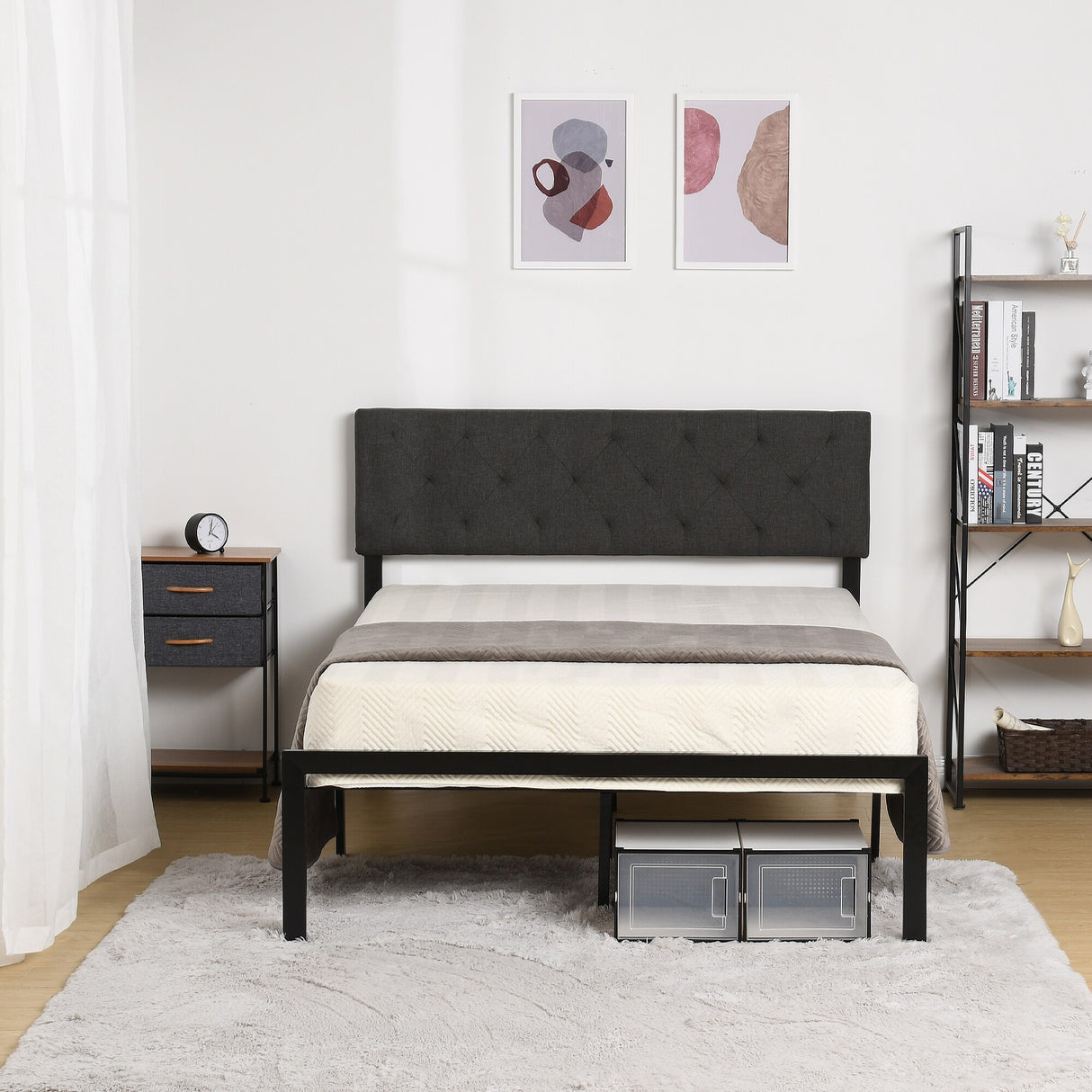 Metal Platform Bed Frame with Diamond Stitched Square Headboard