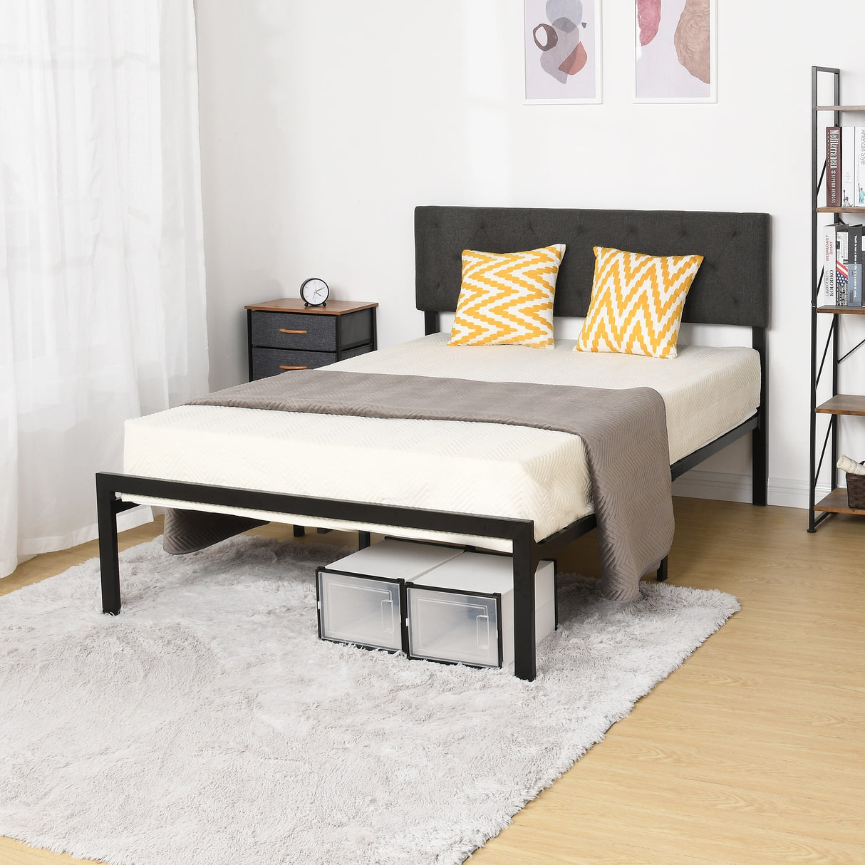 Metal Platform Bed Frame with Diamond Stitched Square Headboard