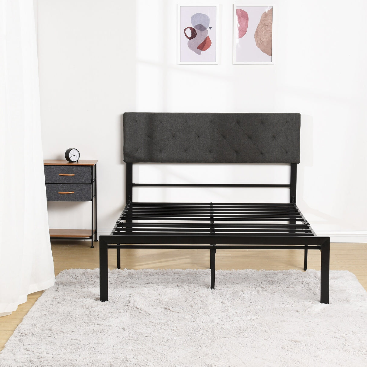 Metal Platform Bed Frame with Diamond Stitched Square Headboard