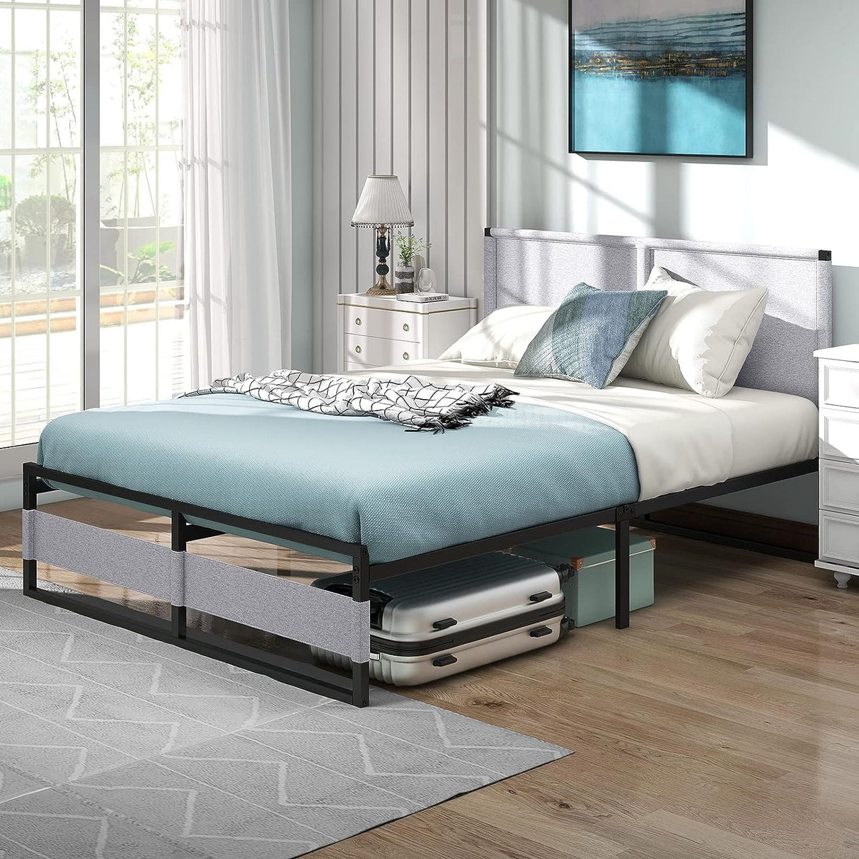 Metal Platform Bed Frame with Headboard, Heavy Duty Steel Slat Bed No Box Spring Needed Noise Free Modern