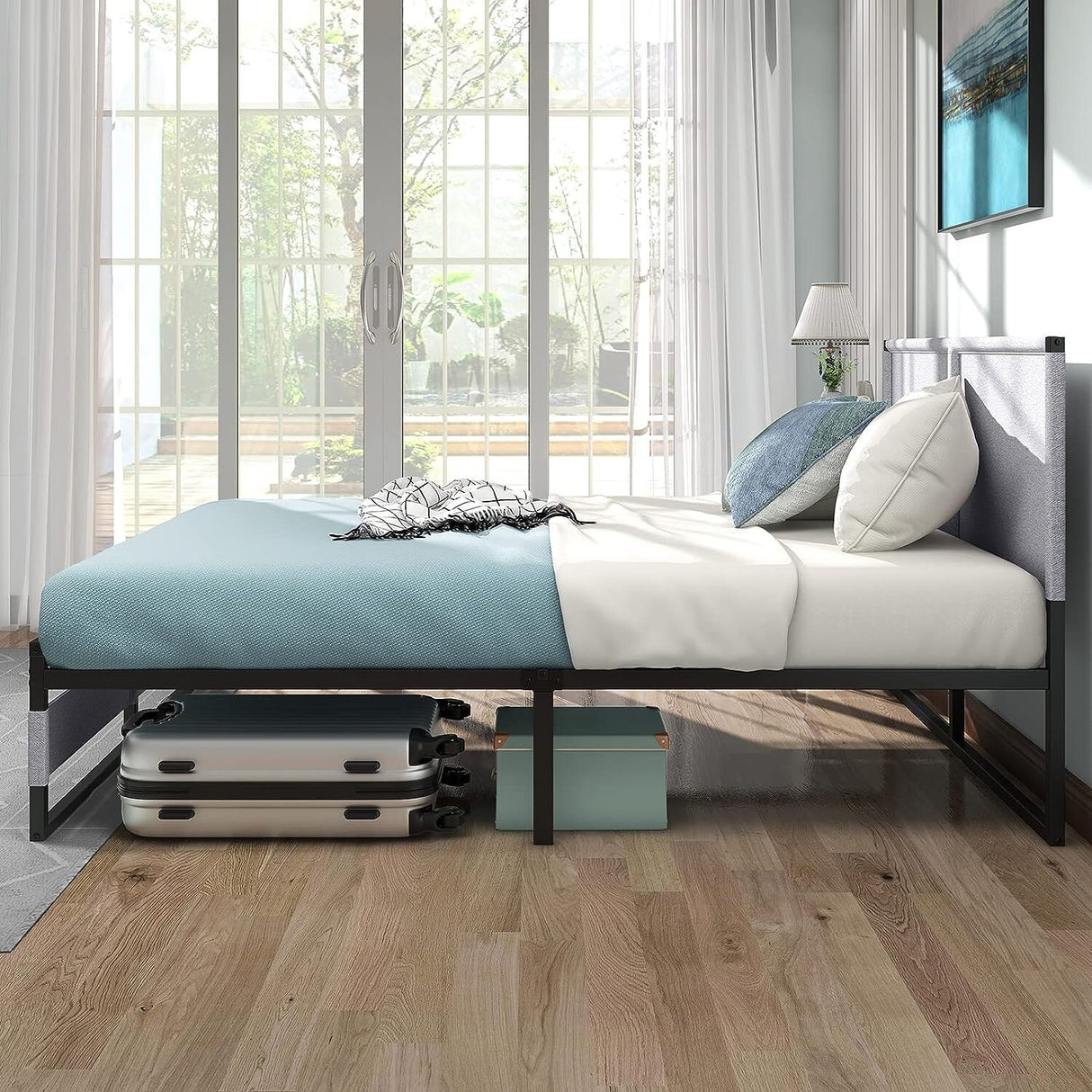 Metal Platform Bed Frame with Headboard, Heavy Duty Steel Slat Bed No Box Spring Needed Noise Free Modern