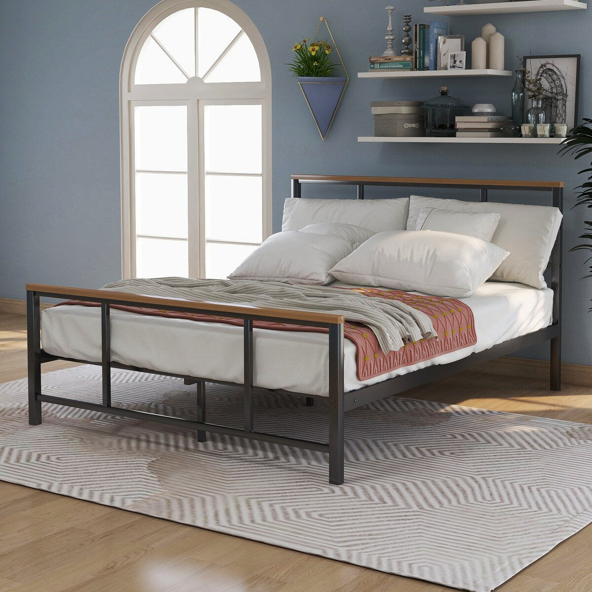 Metal Platform Bed Frame with Wood Decoration Headboard and Footboard
