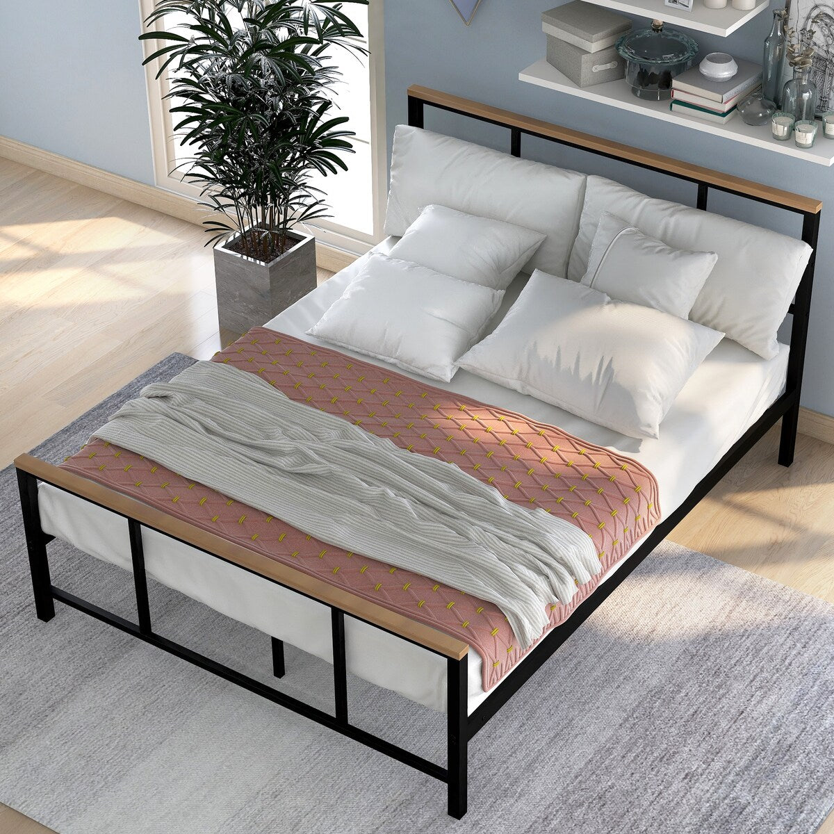 Metal Platform Bed Frame with Wood Decoration Headboard and Footboard