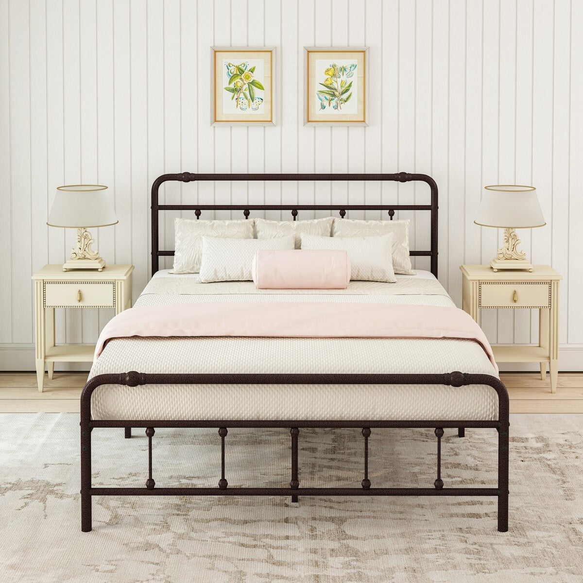 Metal Platform Bed Frame with Wrought Iron-Art Headboard