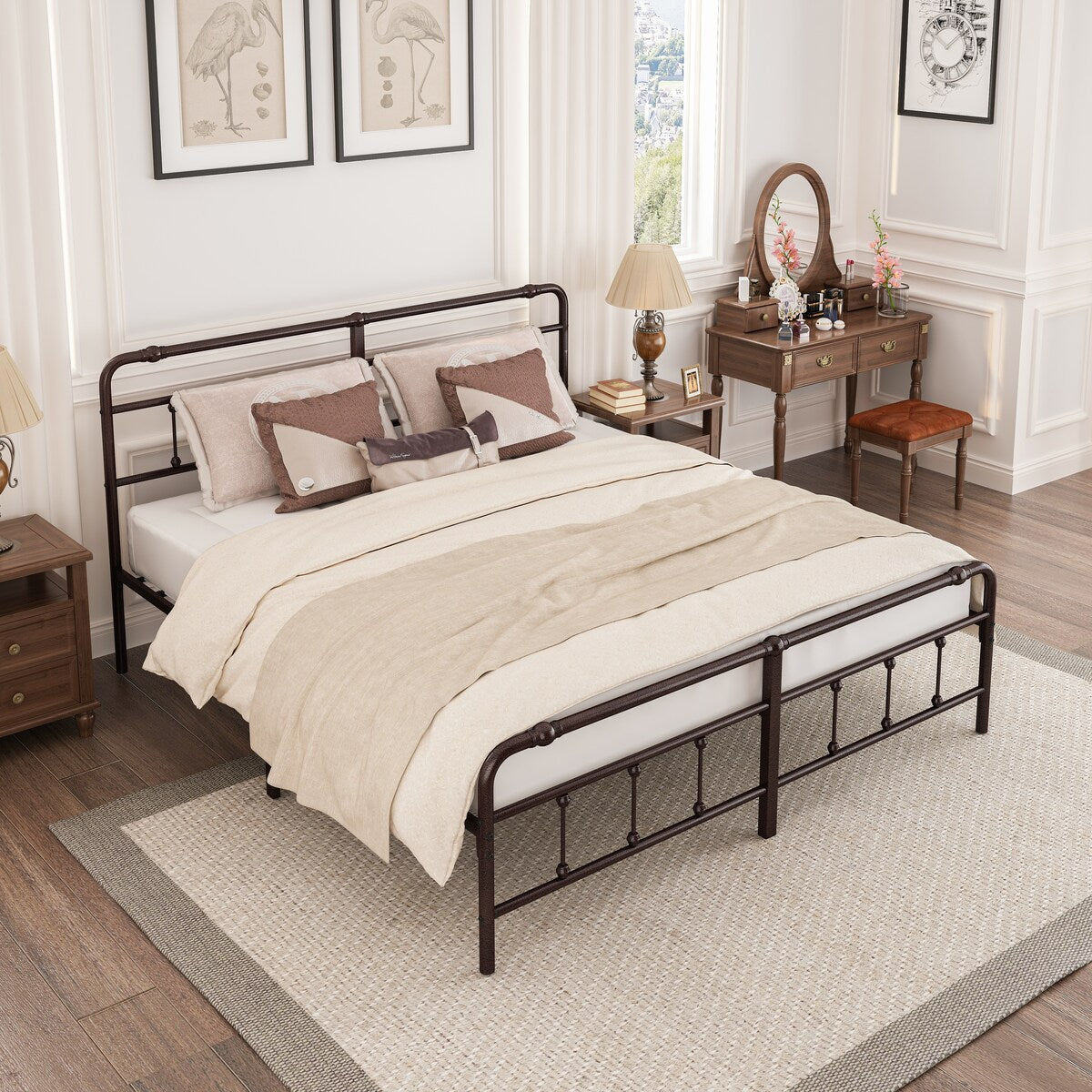 Metal Platform Bed Frame with Wrought Iron-Art Headboard