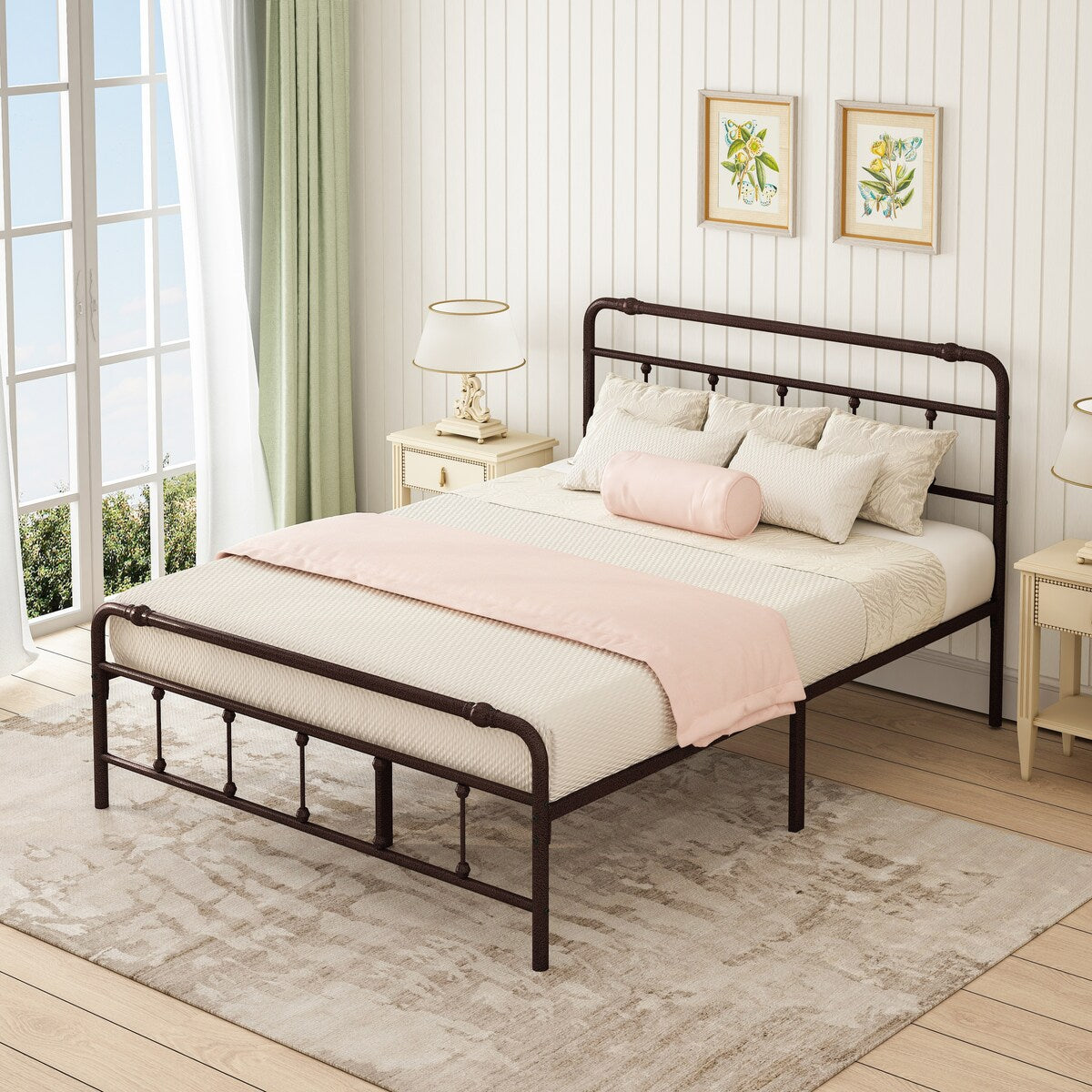 Metal Platform Bed Frame with Wrought Iron-Art Headboard