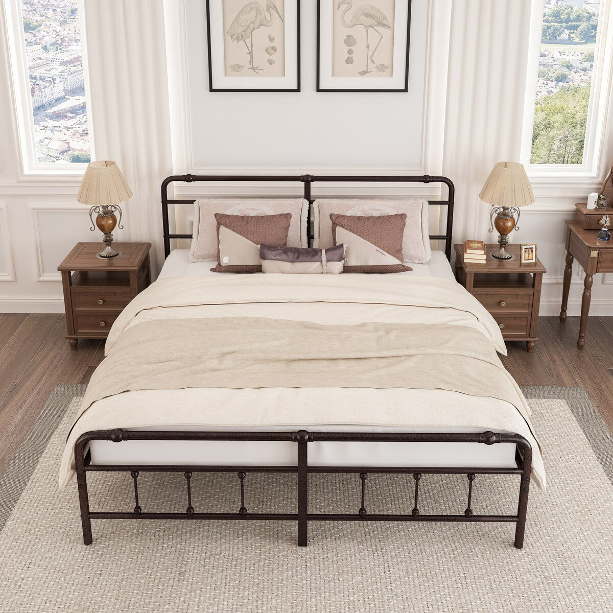 Metal Platform Bed Frame with Wrought Iron-Art Headboard