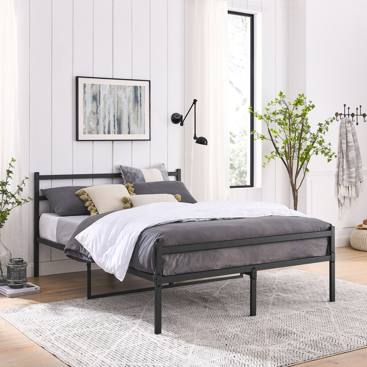 Metal Platform Bed Frame, Iron-Art Headboard Footboard Hardened Steel Slats Under Bed Storage Noise-Free No Box Spring Needed