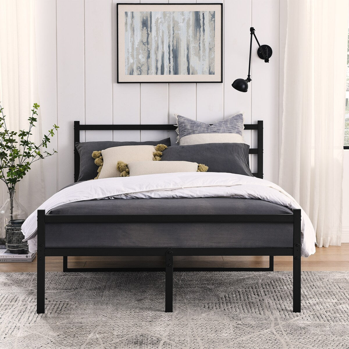 Metal Platform Bed Frame, Iron-Art Headboard Footboard Hardened Steel Slats Under Bed Storage Noise-Free No Box Spring Needed