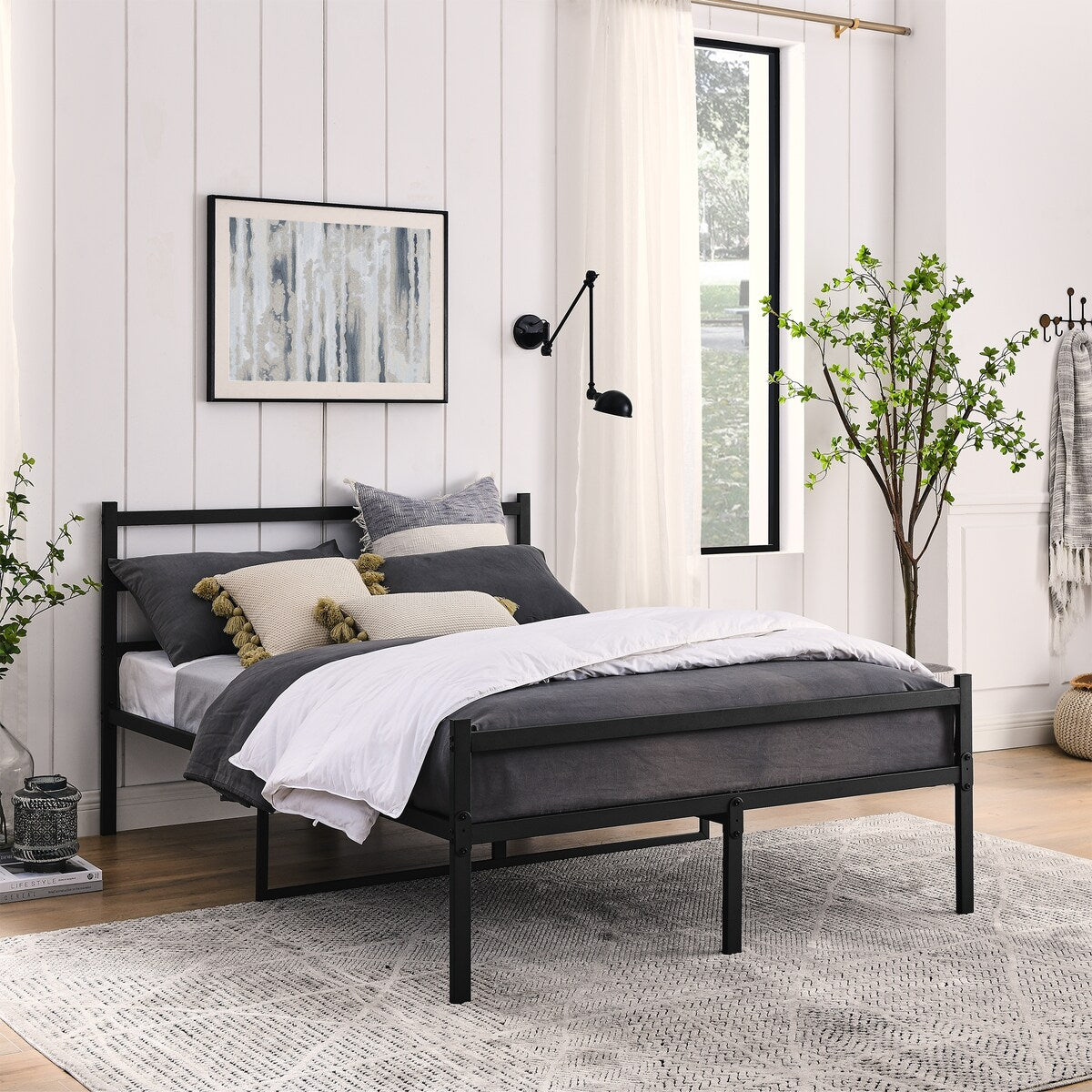 Metal Platform Bed Frame, Iron-Art Headboard Footboard Hardened Steel Slats Under Bed Storage Noise-Free No Box Spring Needed