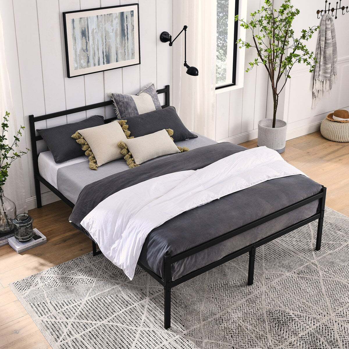 Metal Platform Bed Frame, Iron-Art Headboard Footboard Hardened Steel Slats Under Bed Storage Noise-Free No Box Spring Needed