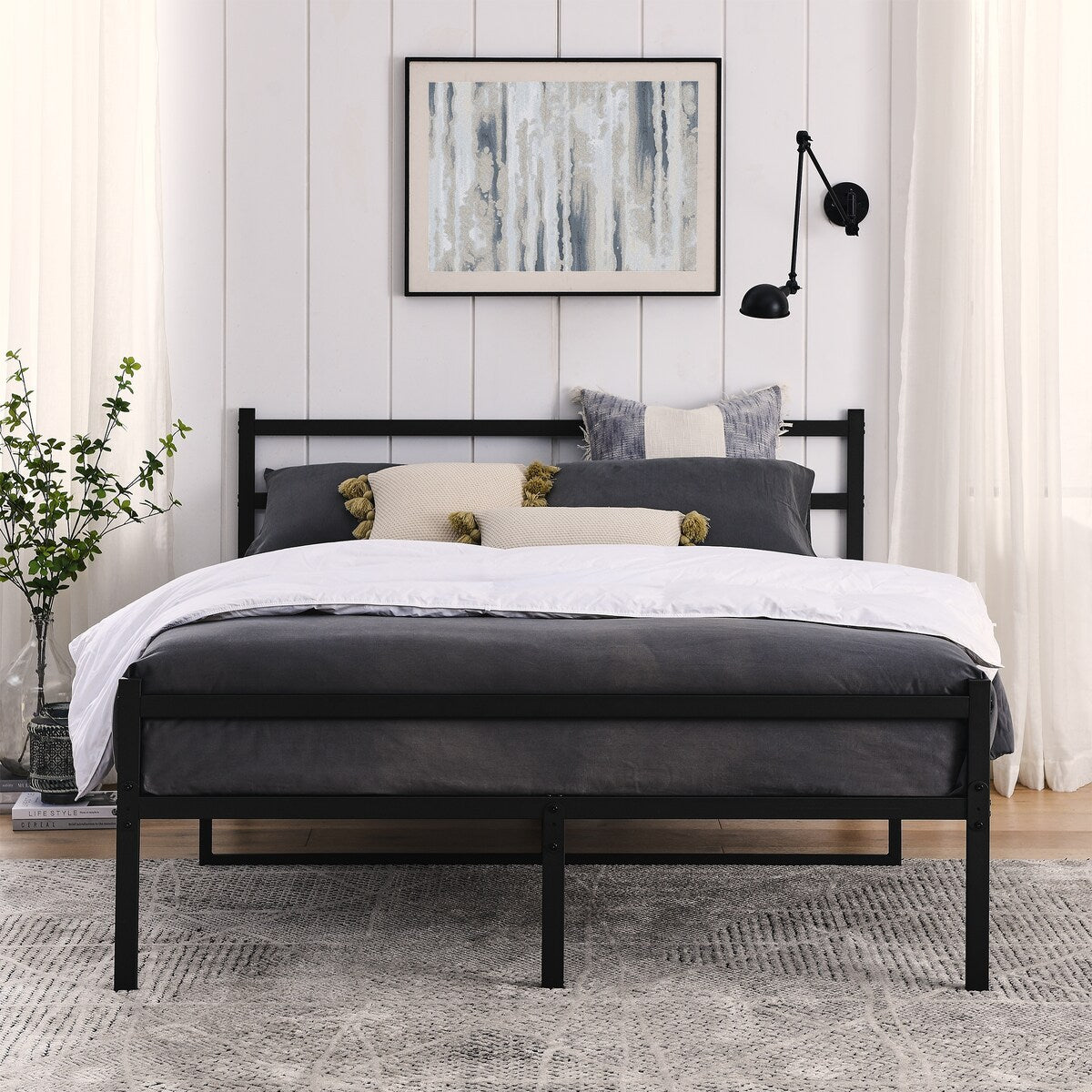 Metal Platform Bed Frame, Iron-Art Headboard Footboard Hardened Steel Slats Under Bed Storage Noise-Free No Box Spring Needed