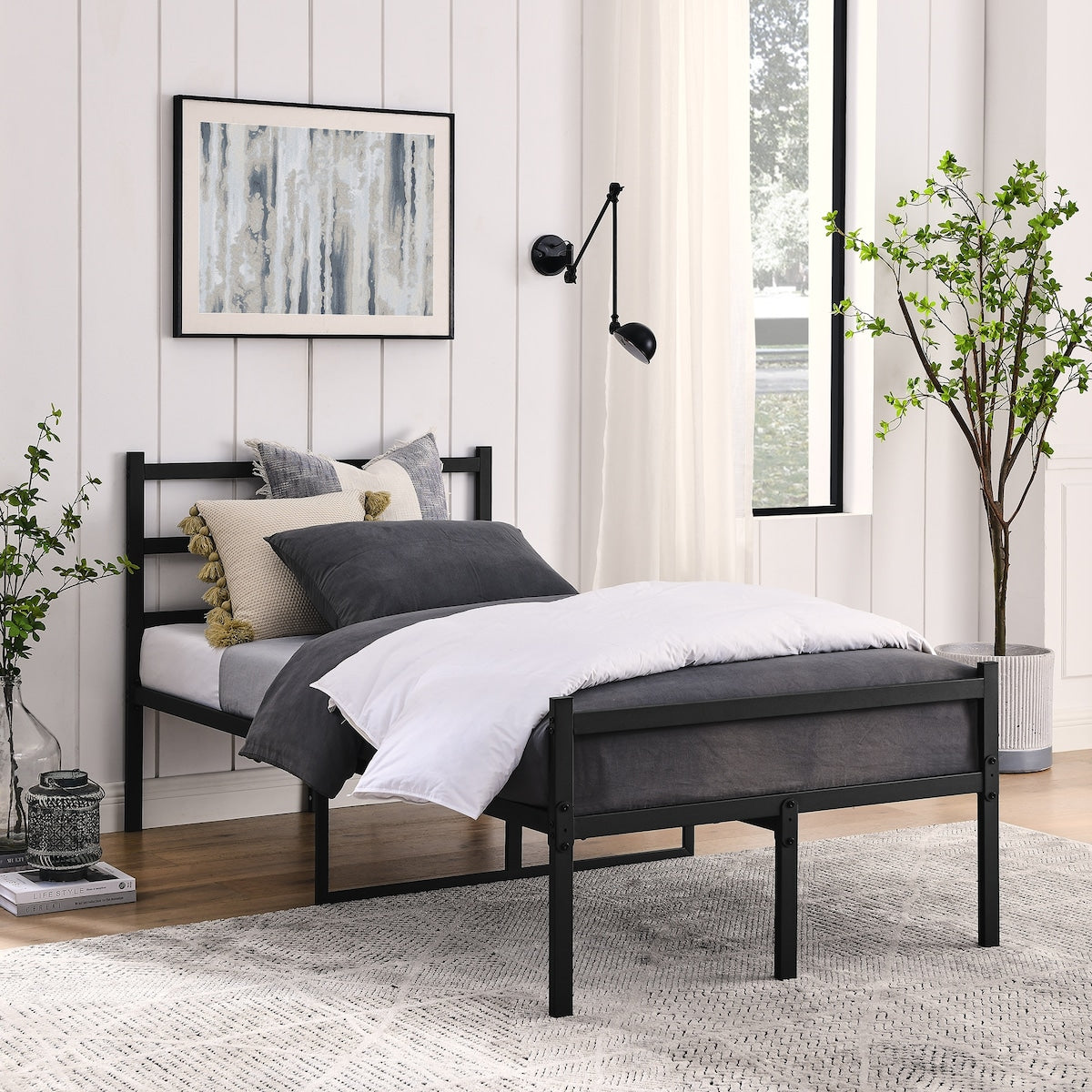Metal Platform Bed Frame, Iron-Art Headboard Footboard Hardened Steel Slats Under Bed Storage Noise-Free No Box Spring Needed