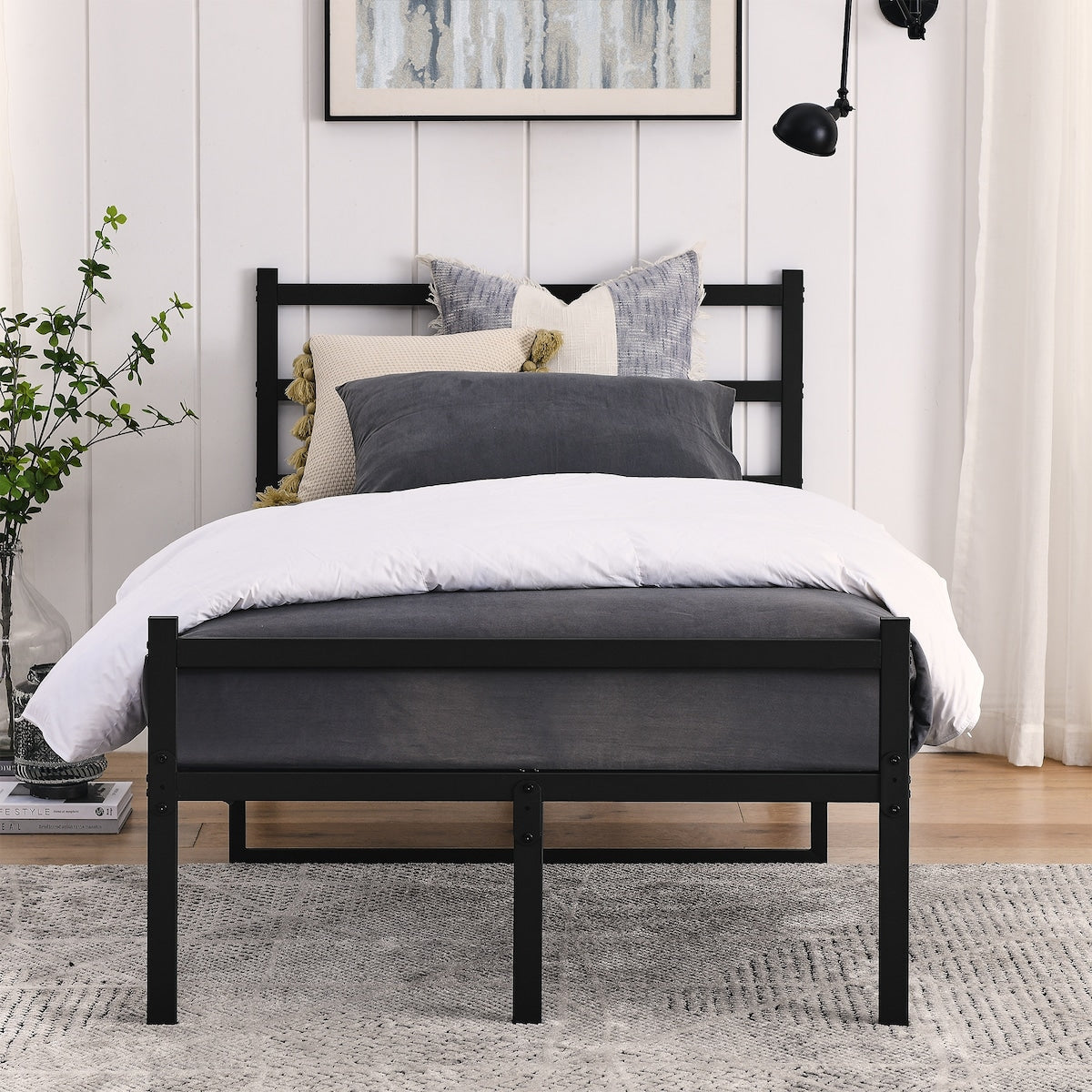 Metal Platform Bed Frame, Iron-Art Headboard Footboard Hardened Steel Slats Under Bed Storage Noise-Free No Box Spring Needed