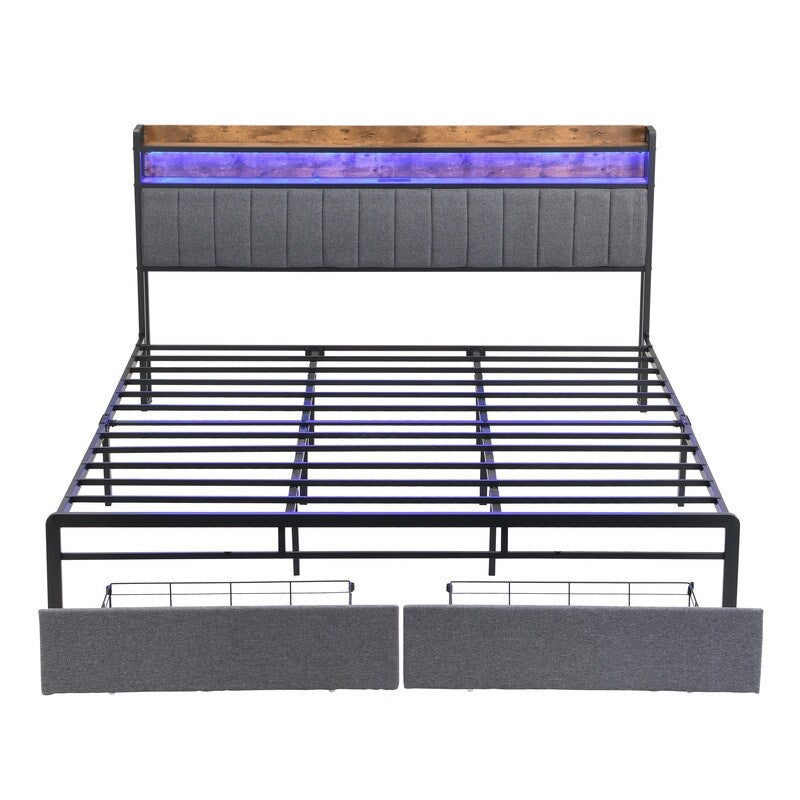 Metal Platform Bed with LED,Storage Headboard and 2 Drawers