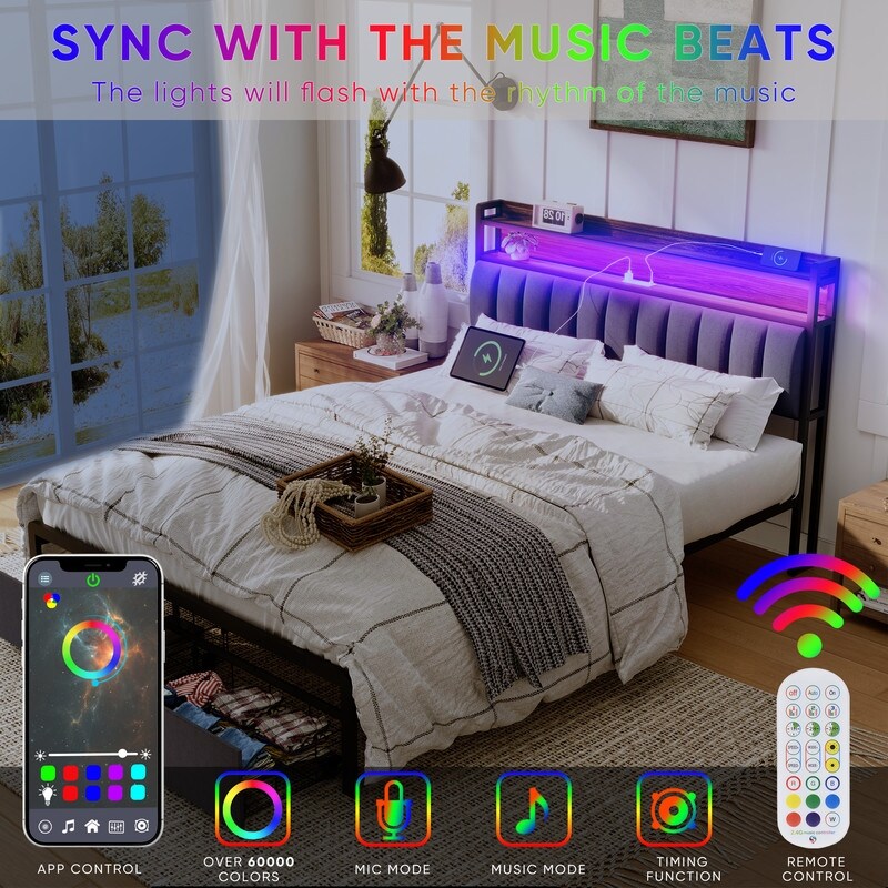 Metal Platform Bed with LED,Storage Headboard and 2 Drawers