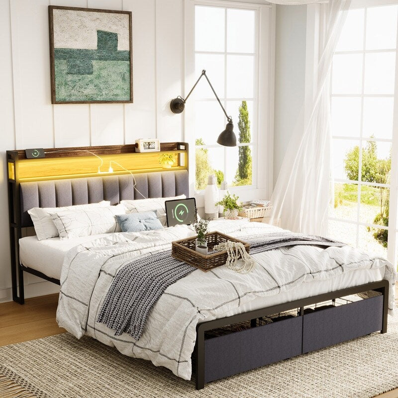 Metal Platform Bed with LED,Storage Headboard and 2 Drawers