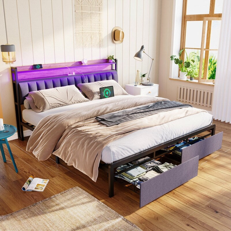 Metal Platform Bed with LED,Storage Headboard and 2 Drawers