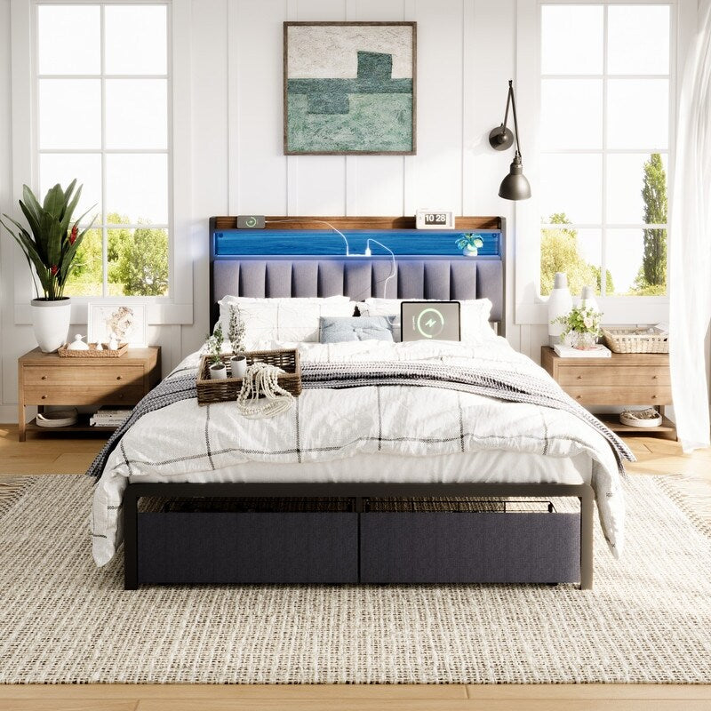 Metal Platform Bed with LED,Storage Headboard and 2 Drawers