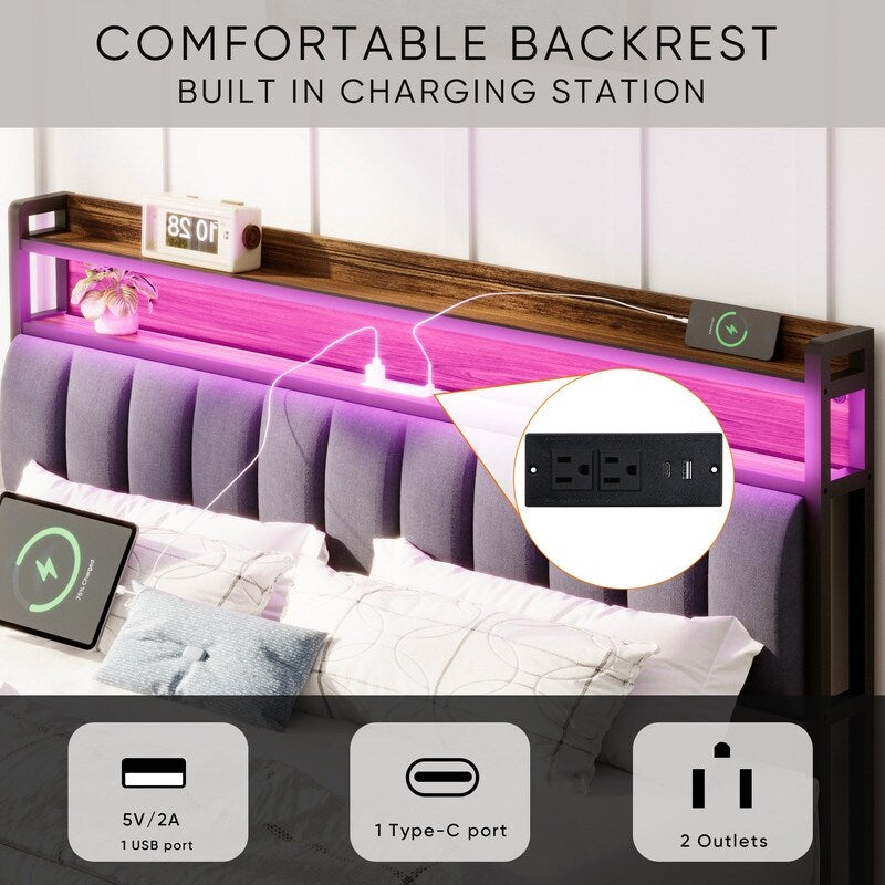 Metal Platform Bed with LED,Storage Headboard and 2 Drawers