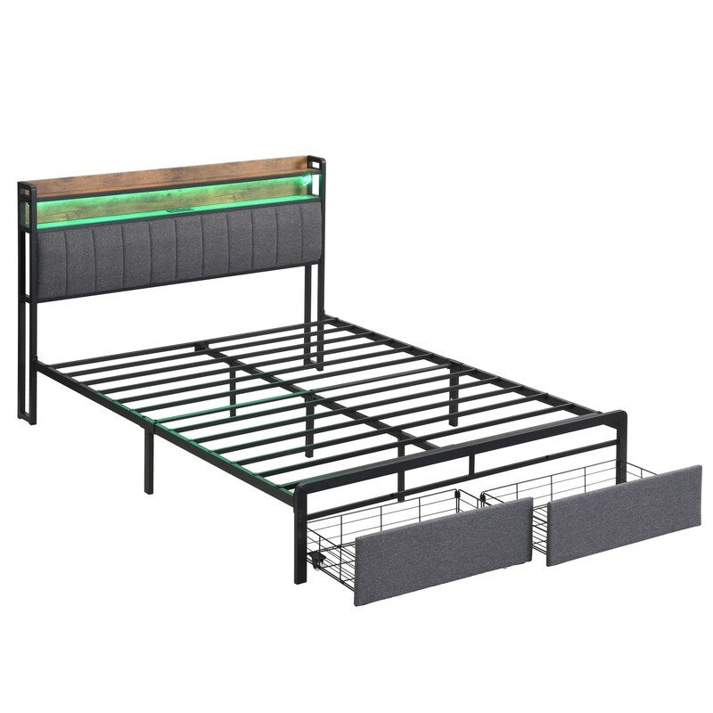 Metal Platform Bed with LED,Storage Headboard and 2 Drawers