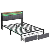 Metal Platform Bed with LED,Storage Headboard and 2 Drawers