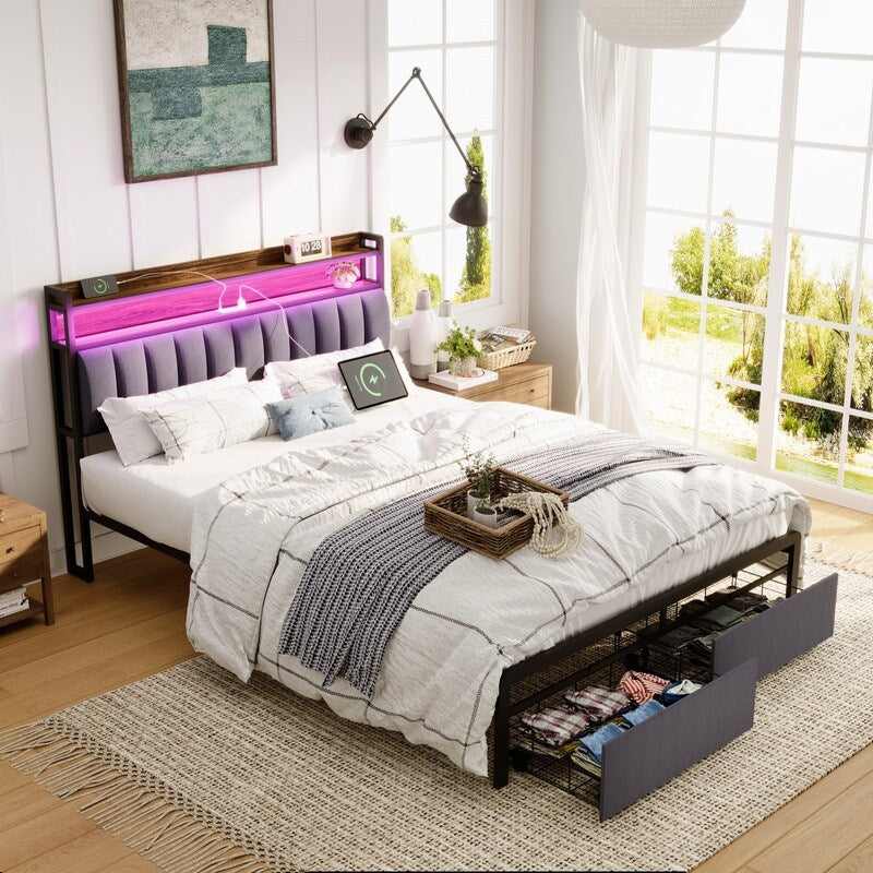 Metal Platform Bed with LED,Storage Headboard and 2 Drawers